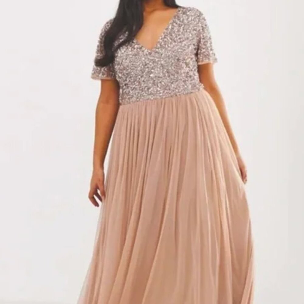 Maya Plus Bridesmaid short sleeve maxi tulle dress with tonal delicate sequin